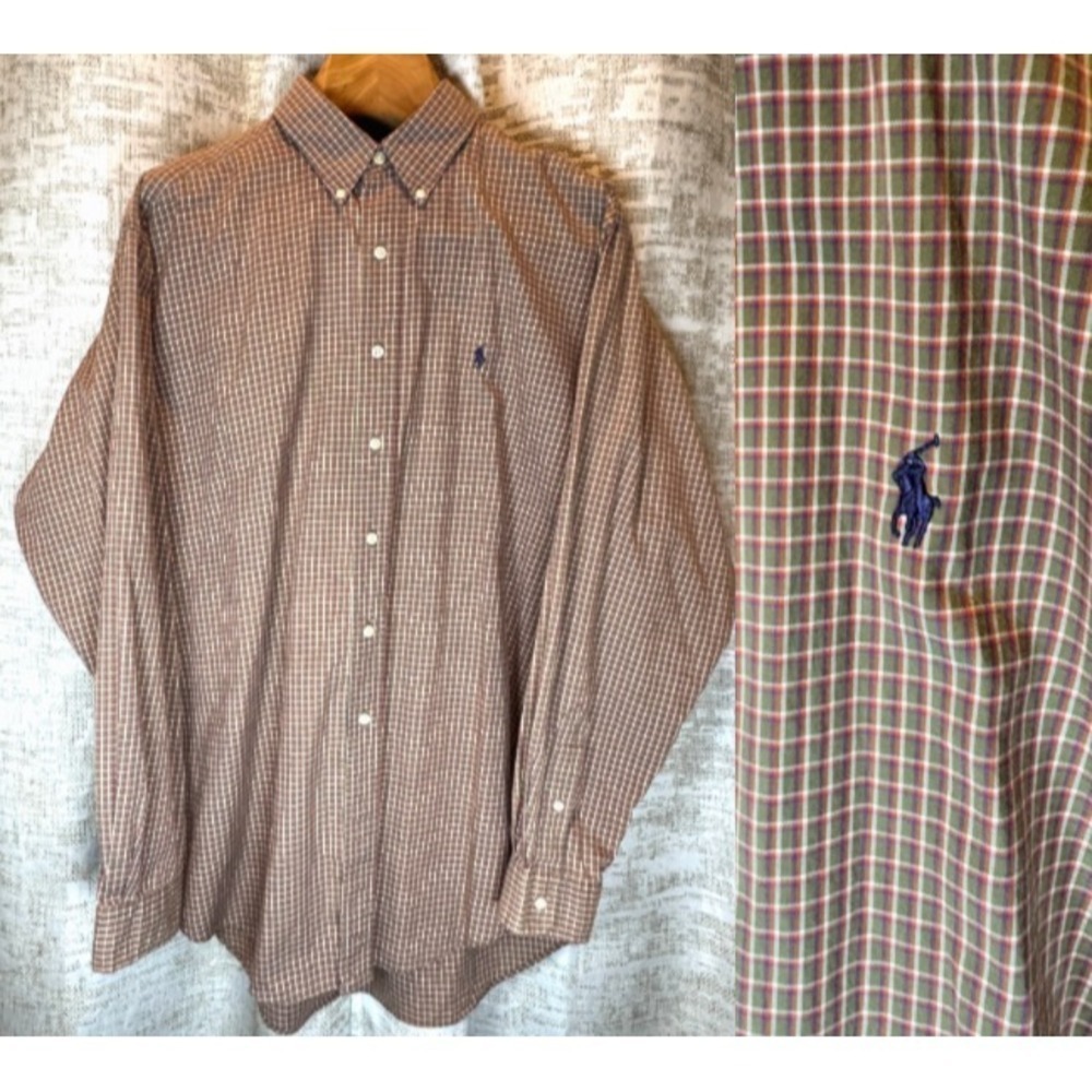 Ralph Lauren Classic Fit Men's XL Plaid Button Down Shirt Pony 100% Cotton Brown